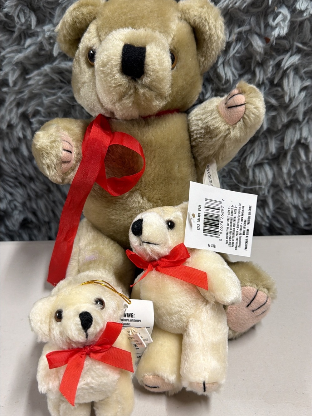 Source Unknown Cream & Tan Teddy Bear Trio with Red Ribbons